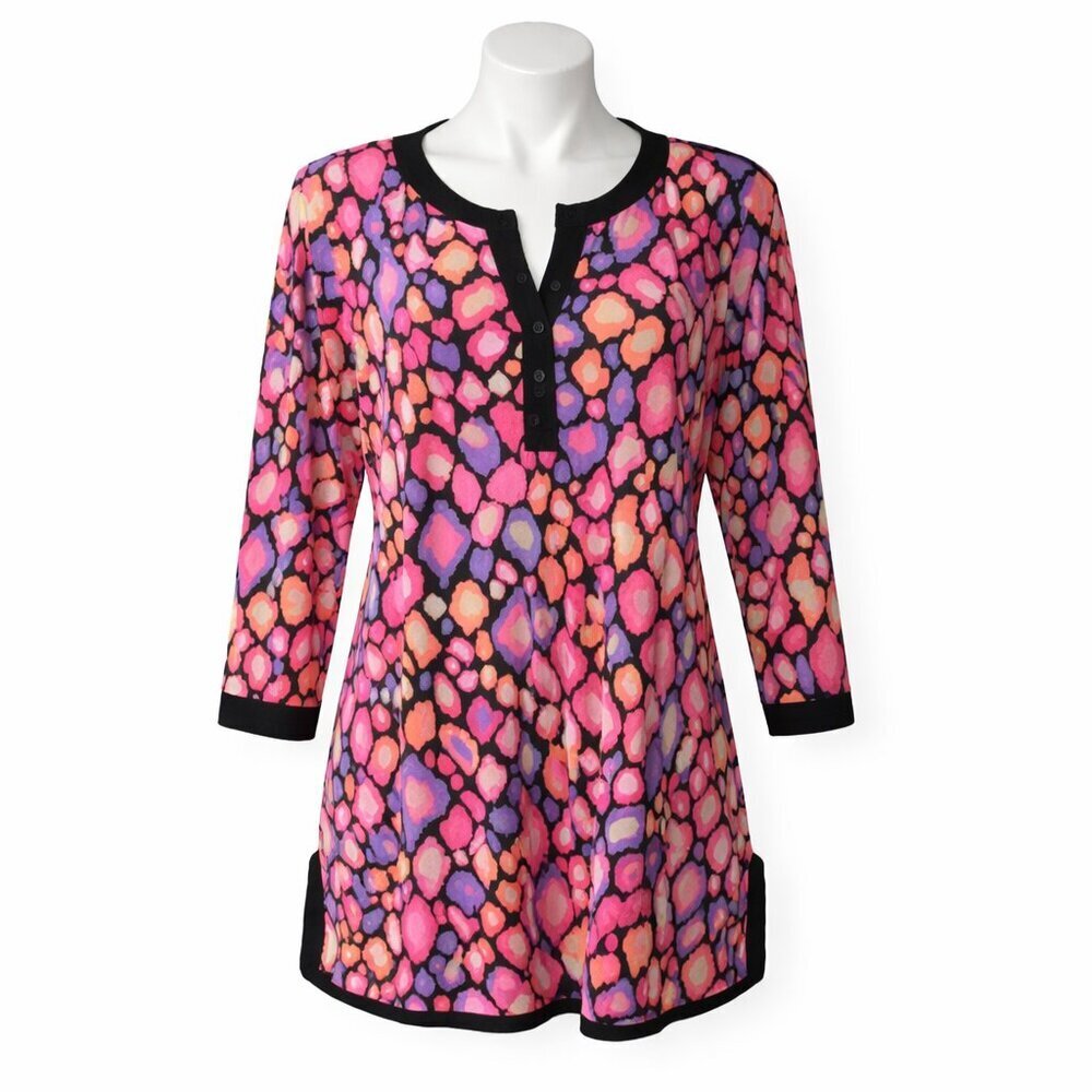 Dana Buchman L Abstract Brushstroke Print Split-Neck Tunic Top — Pink & Purple